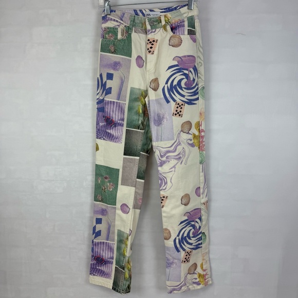 Zara‎ High Rise Straight Fit Seashell Graphic Jeans Size 2 Colorful Women’s - Picture 2 of 5
